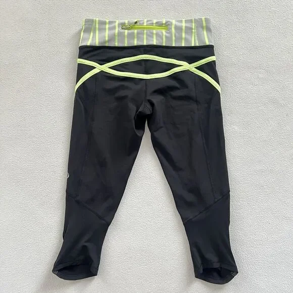 Lululemon Run Pace Crop Black Deauville Stripe Clear Mint Light Grey Pant 4 - Picture 10 of 11